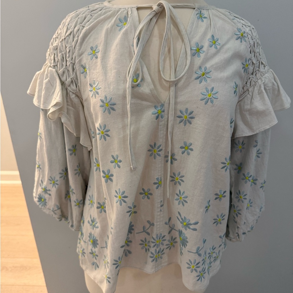 Forever That Girl Cream Peasant Top with Blue & Yellow Embroidery